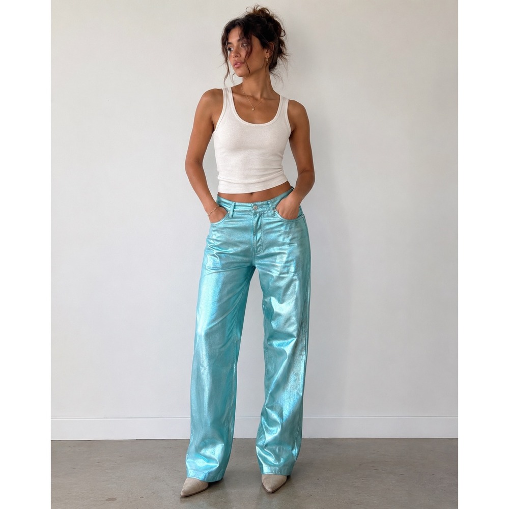 PRETTYLITTLETHING Metallic Straight Leg Jeans Tall Womens 8 Blue NWT Y2K Retro